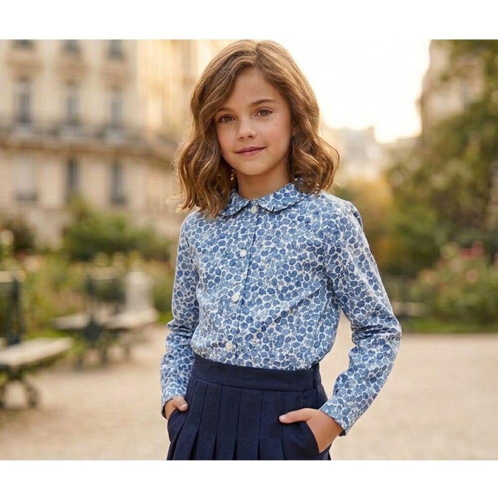 Cyrillus Liberty Print Girls Button-down Blouse Blue Floral 100% Cotton Sz 8 NWT